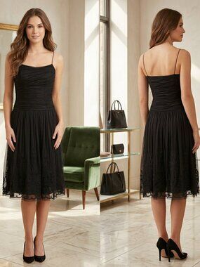 Carmen Marc Valvo Signature Black Cocktail beaded Dress Size 12 Floral LayerMesh